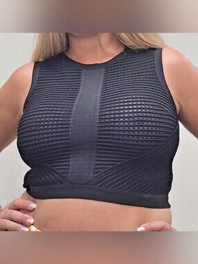 Women's Sexy Bebe Sheer Mesh Striped Cropped Sweater Tank Black Zip Back Medium.